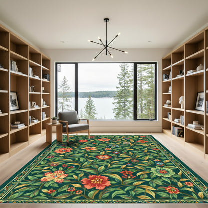 Rich Emerald Verdant Floral Tapestry Rug