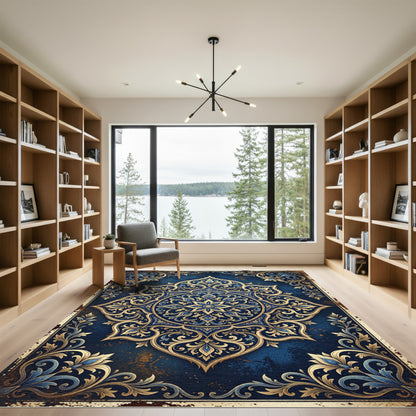 Ornate Sapphire Gold Medallion Rug