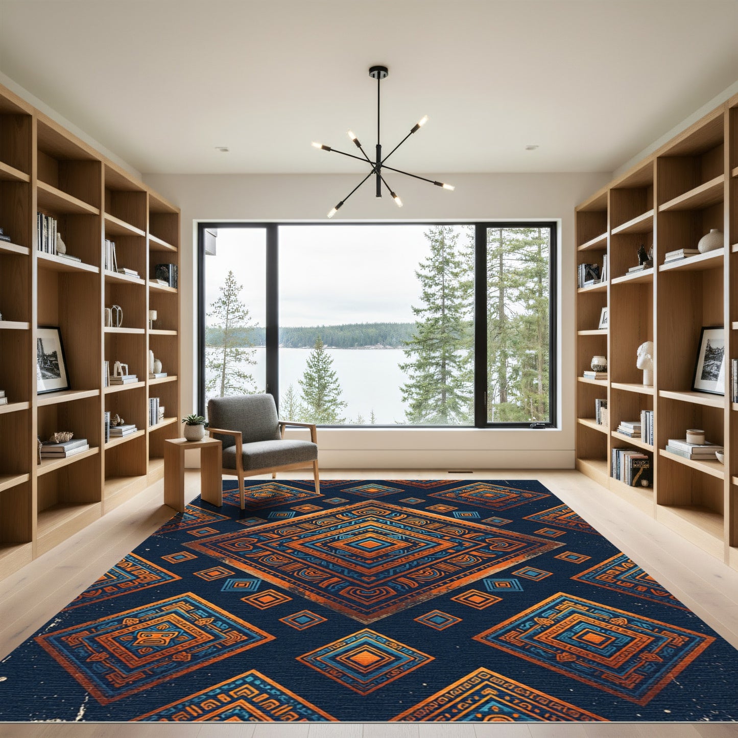 Aztec Blue Orange Geometric Diamond Rug