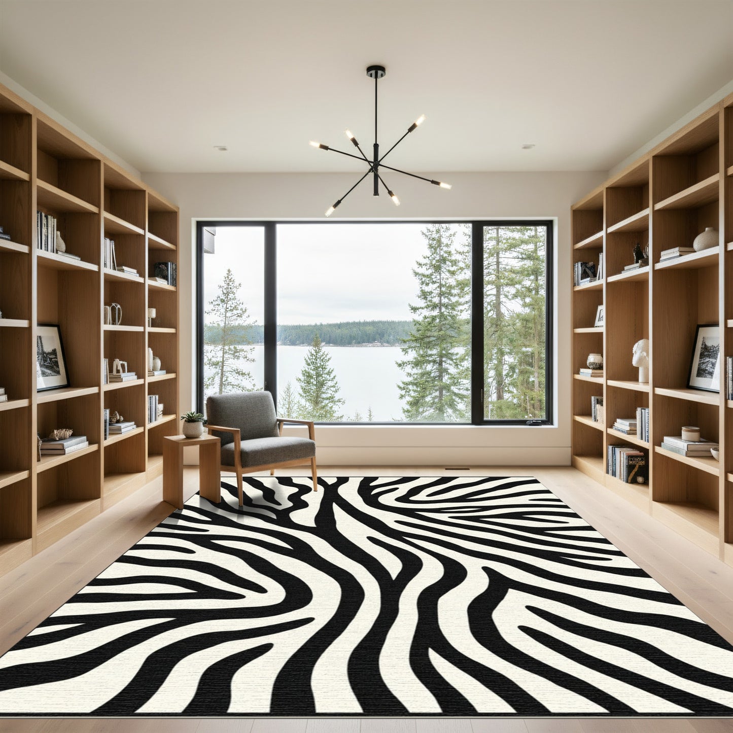 Abstract Black White Curving Stripes Rug