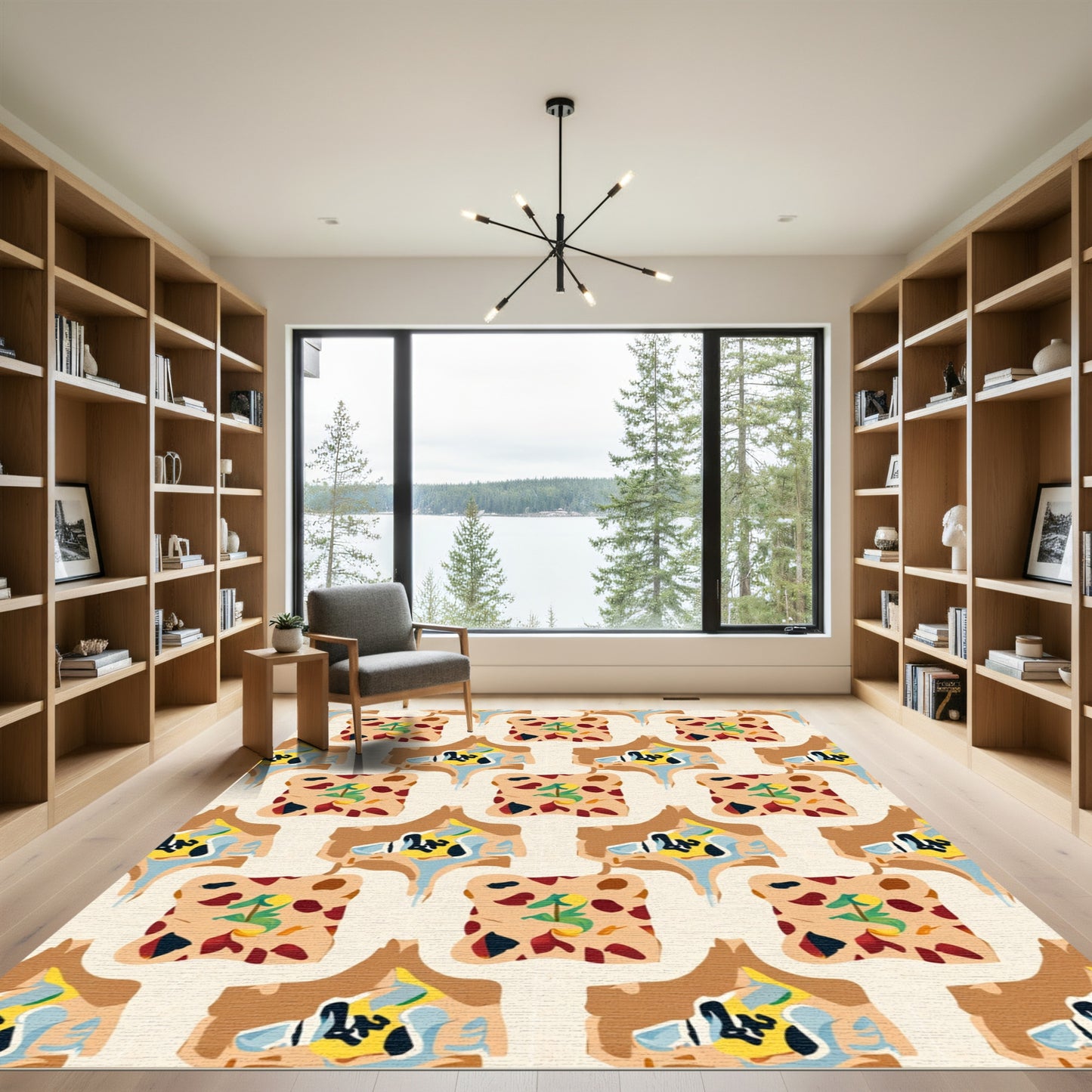 Abstract Ochre Blue Red Organic Shapes Rug