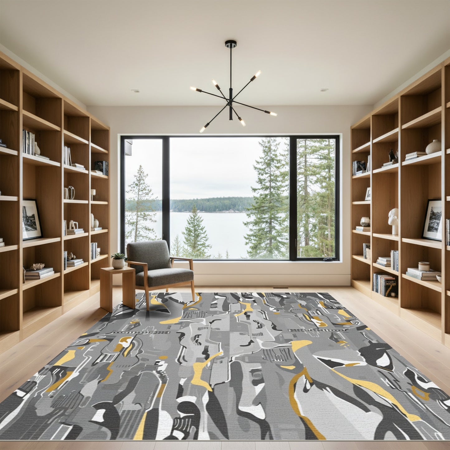 Abstract Gray Gold Fluid Motion Rug