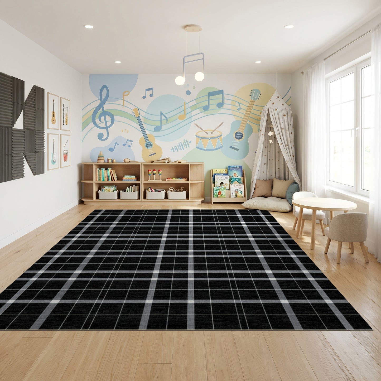 Modern Black Gray Grid Rug