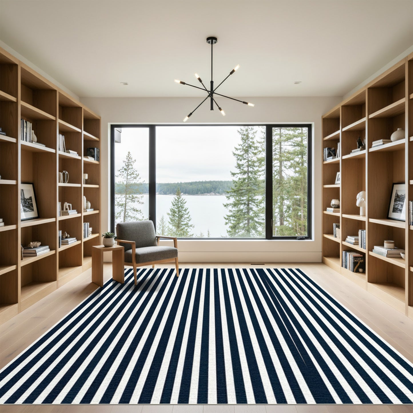 Deep Blue White Stripe Composition Rug