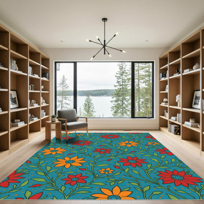 Turquoise Floral Vine Arrangement Rug