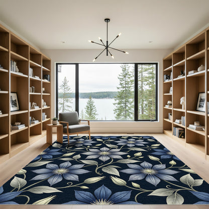 Elegant Midnight Blue Clematis Floral Blossom Rug