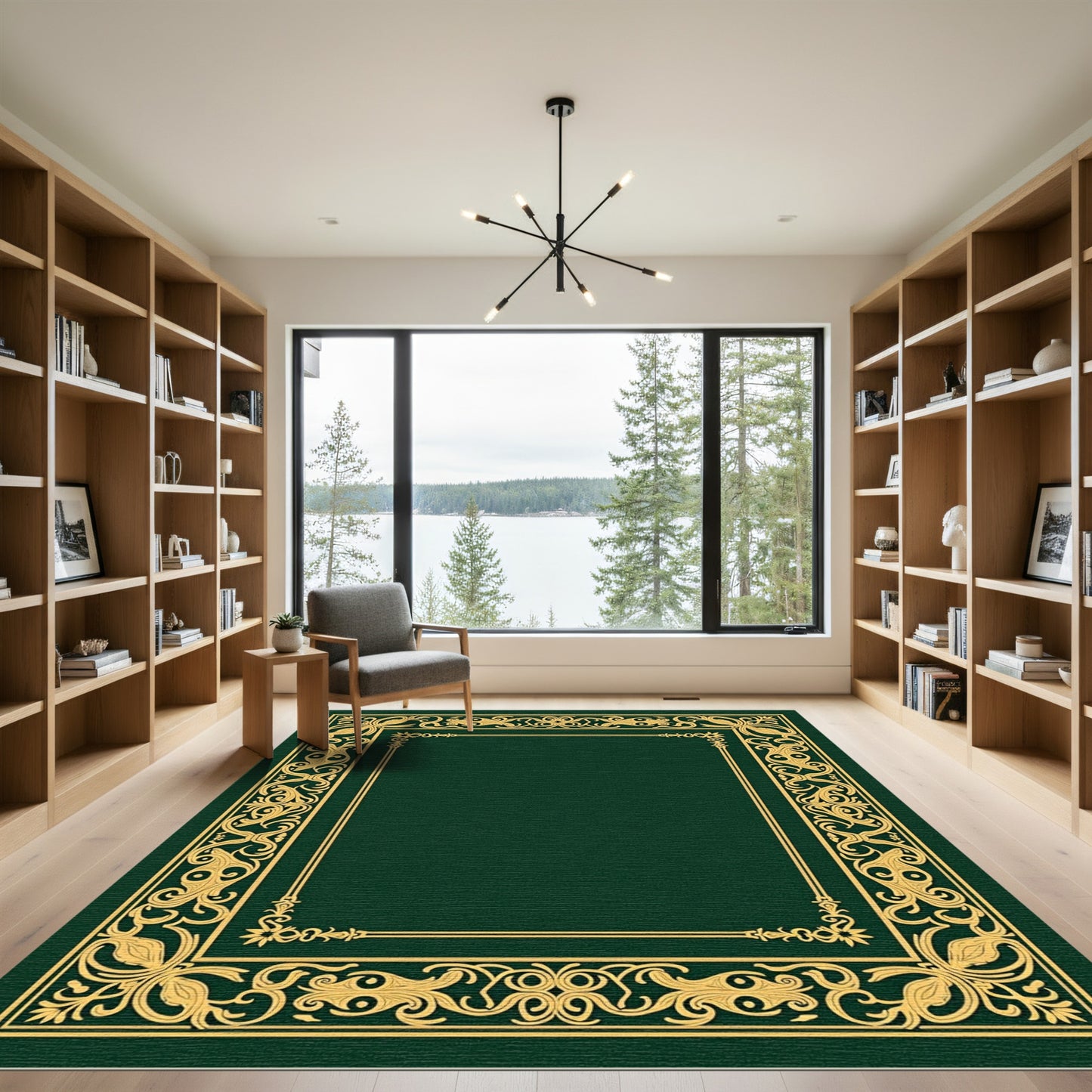 Emerald Green Golden Scroll Frame Rug