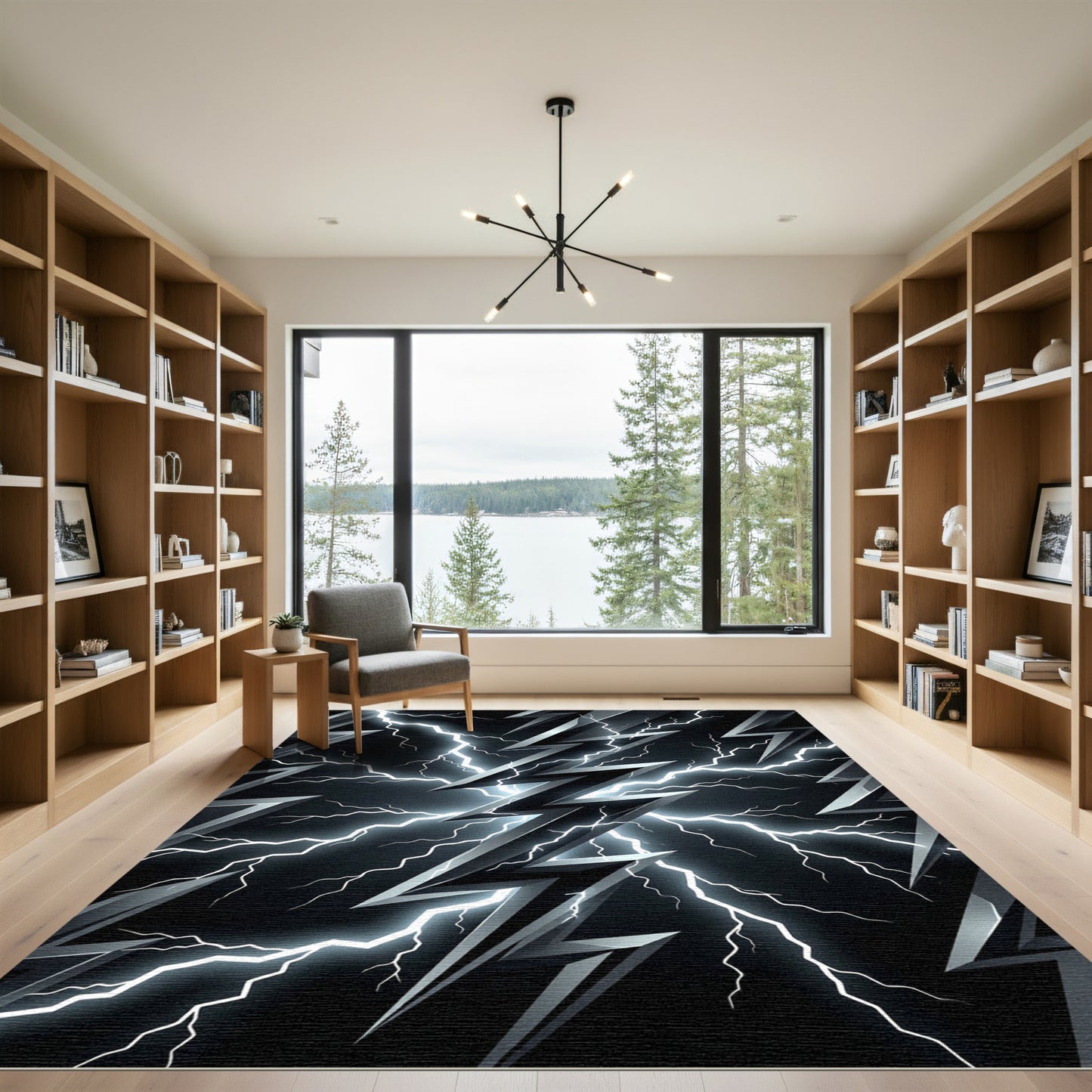 Electric White Lightning Bolt Burst Rug