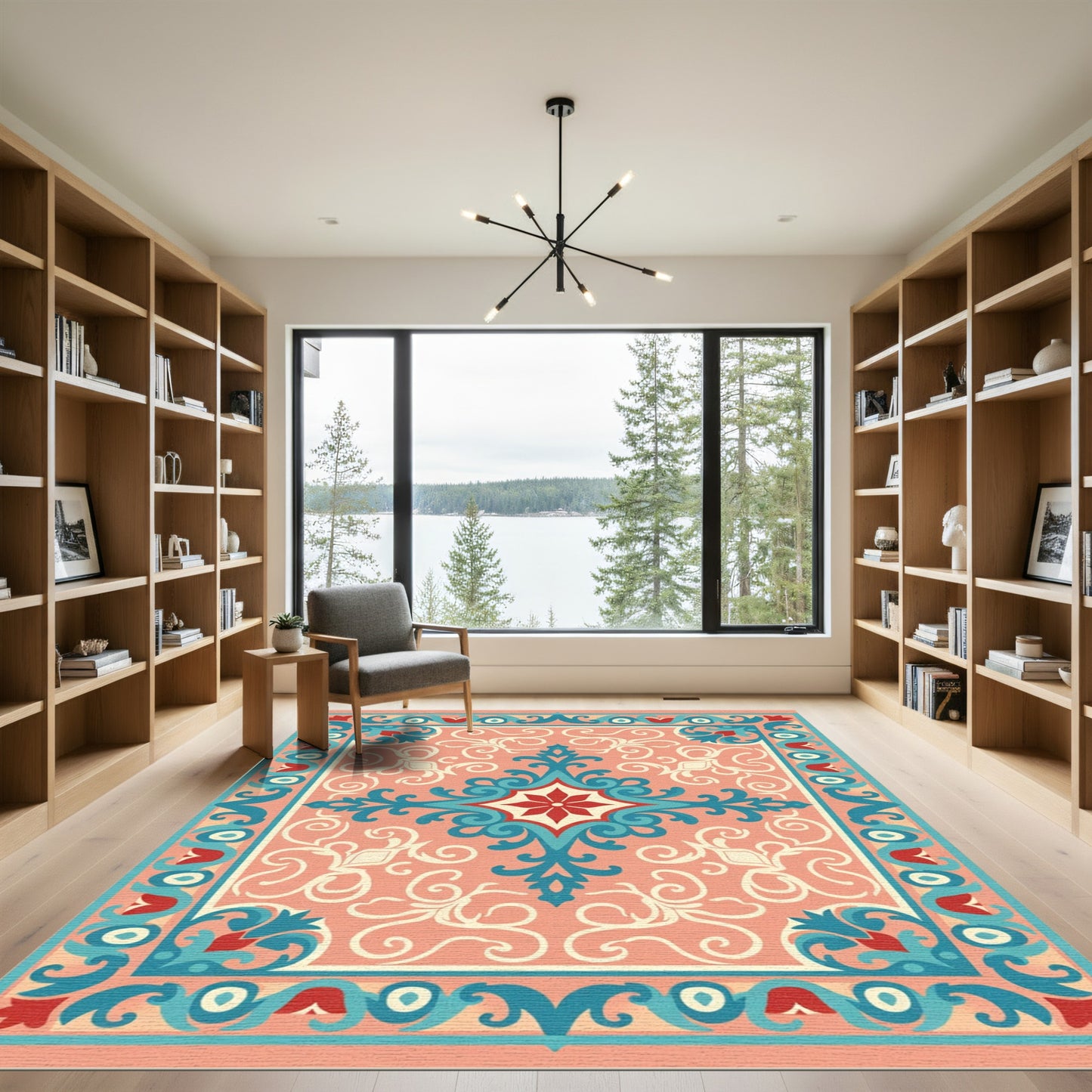 Coral Teal Red Floral Medallion Rug