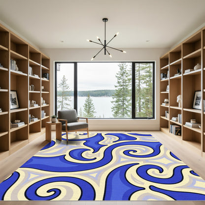 Vibrant Blue Swirl Abstract Rug