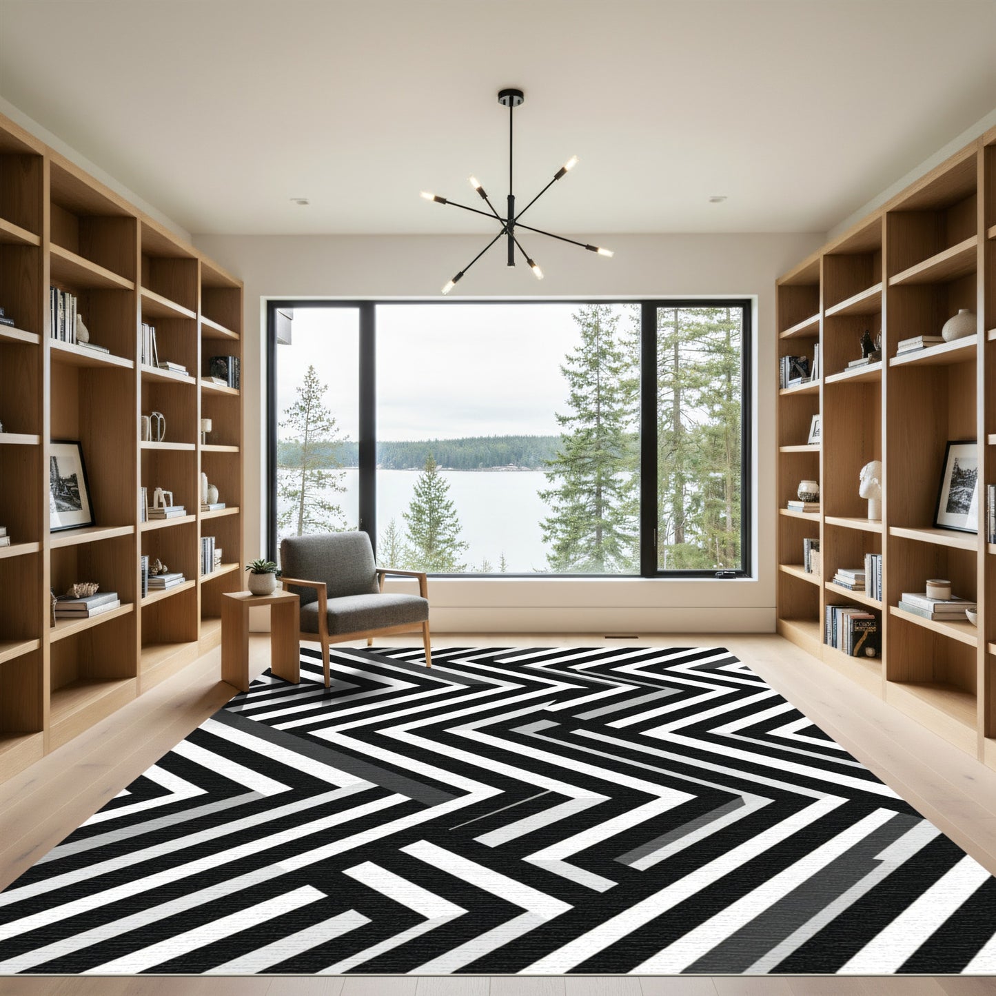 Monochrome Geometric Chevron Abstract Rug