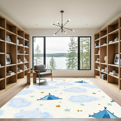 Blue Teepee Clouds Gold Stars Rug