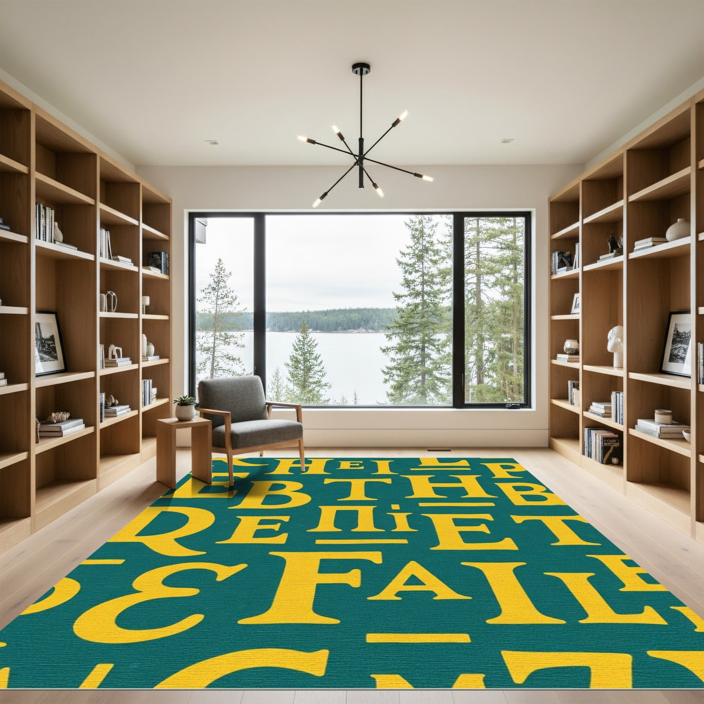 Yellow Bold Alphabet Teal Background Rug