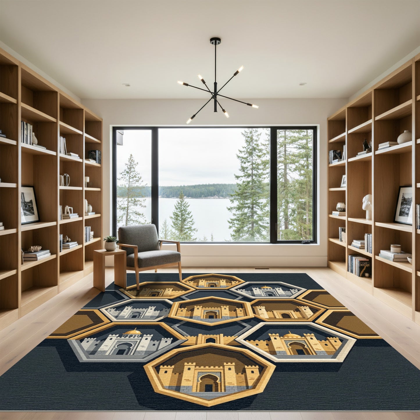 Golden Hexagonal Castle Fortress Grid Rug