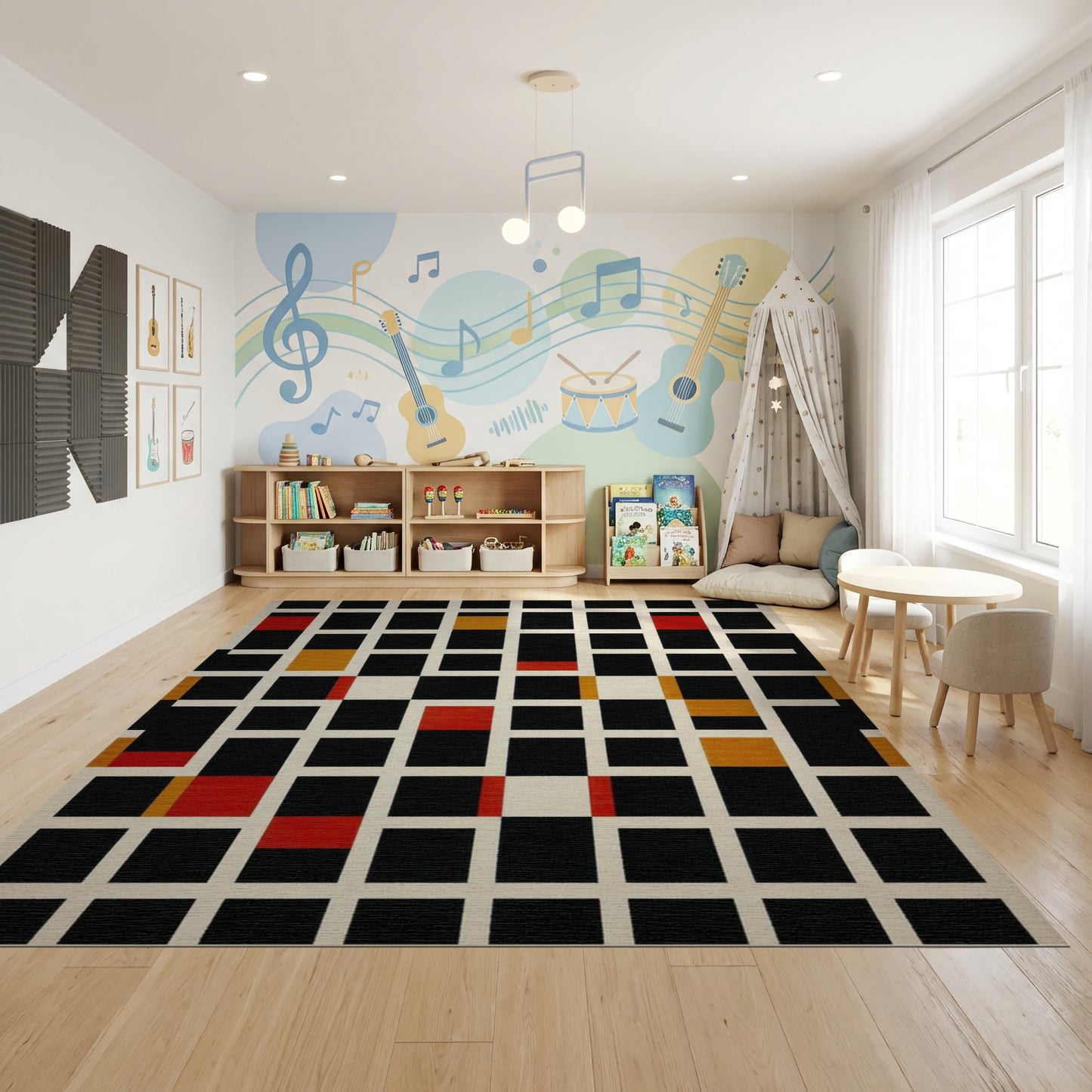 Geometric Black Red Gold Grid Rug