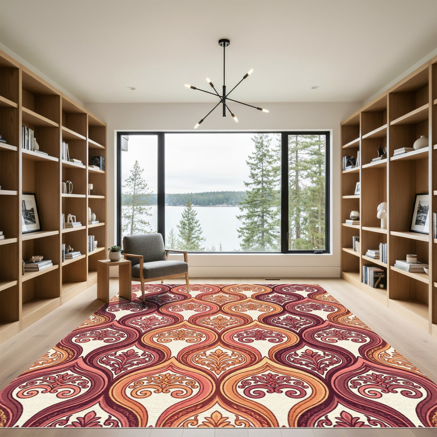 Earthy Sienna Damask Scroll Wave Rug