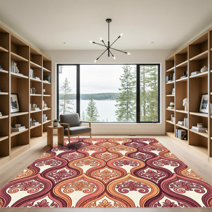 Earthy Sienna Damask Scroll Wave Rug