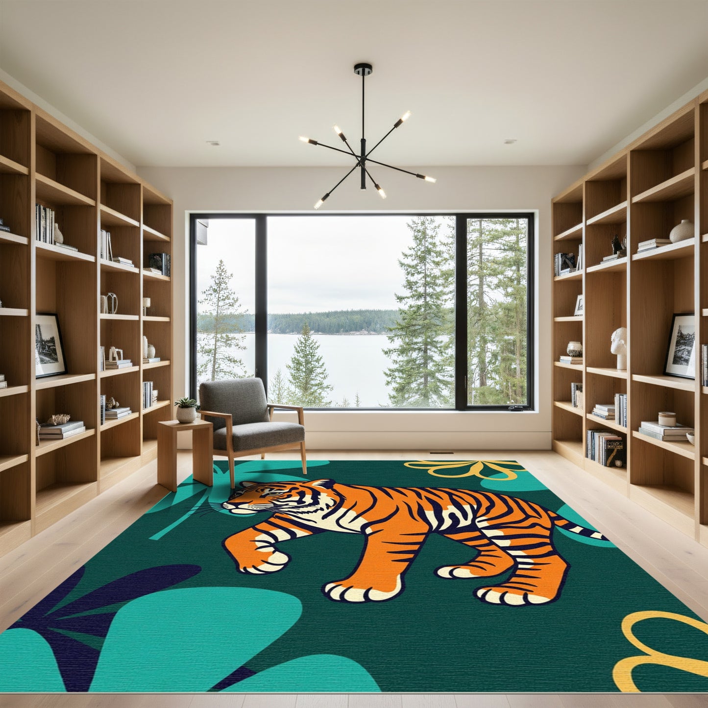 Vibrant Orange Tiger Jungle Foliage Rug