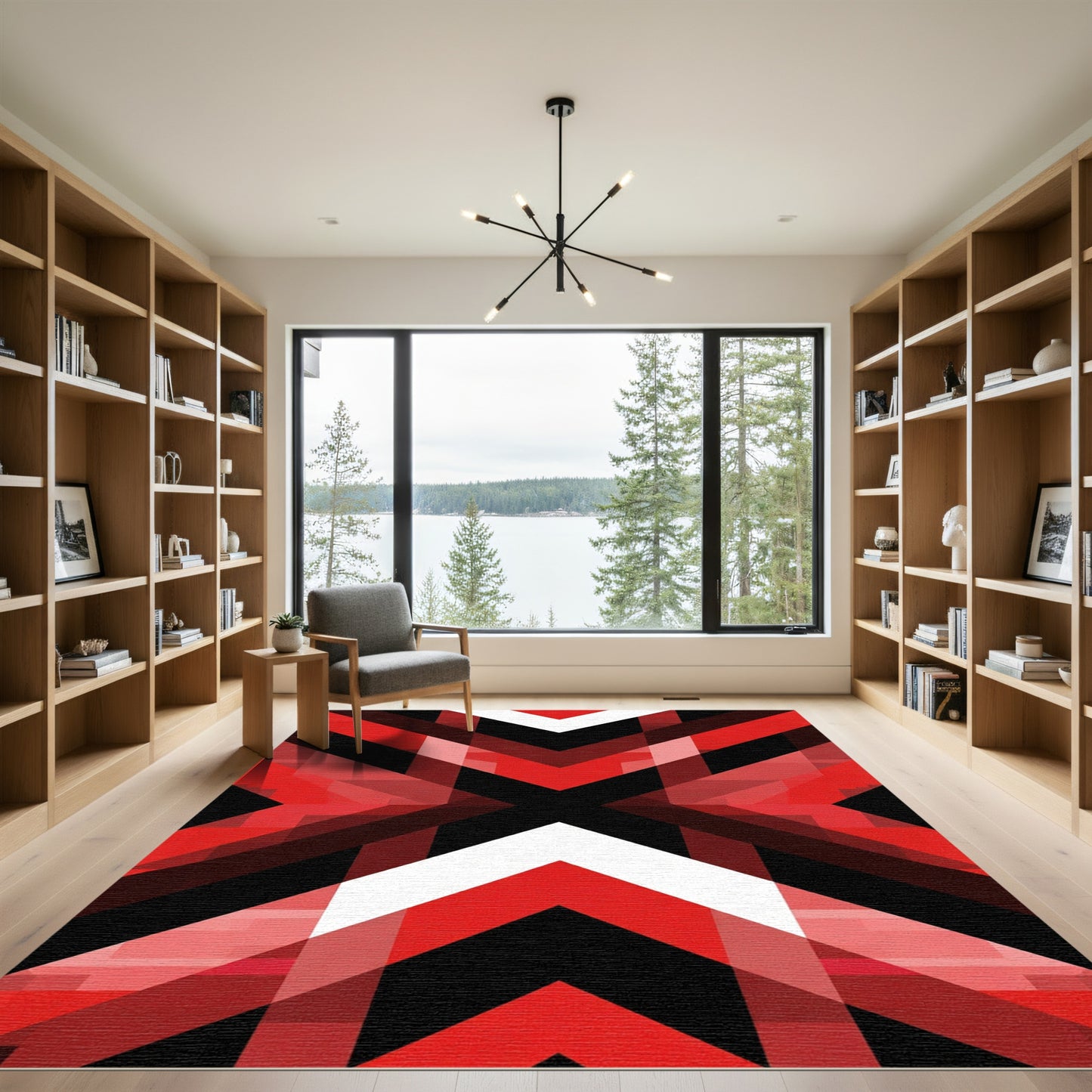 Bold Red Geometric Chevron Overlay Rug