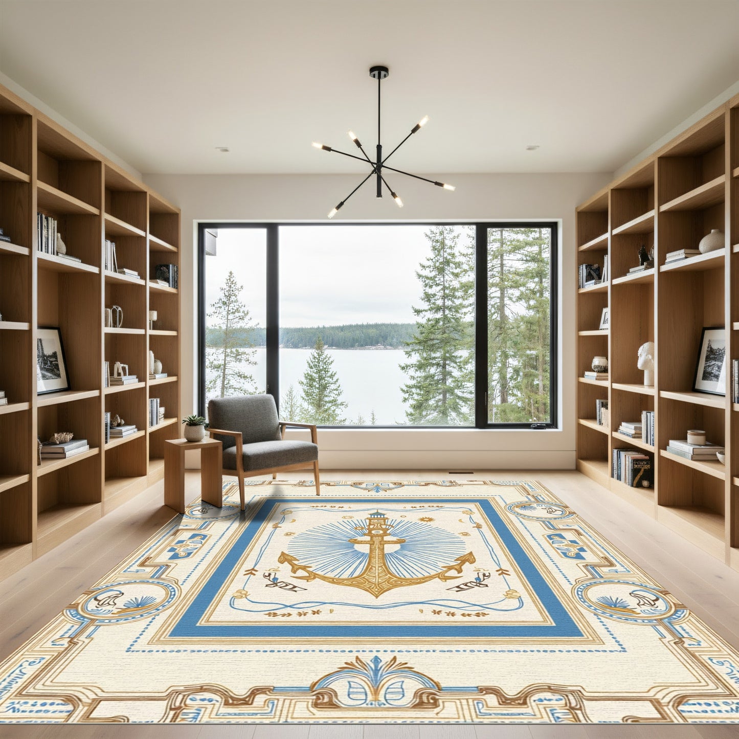 Nautical Golden Anchor Blue Border Rug