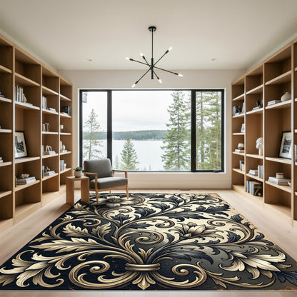 Elegant Black and Gold Floral Scroll Rug