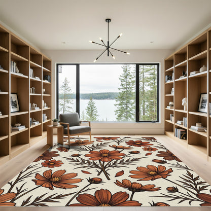 Burnt Orange Botanical Cosmos Floral Rug