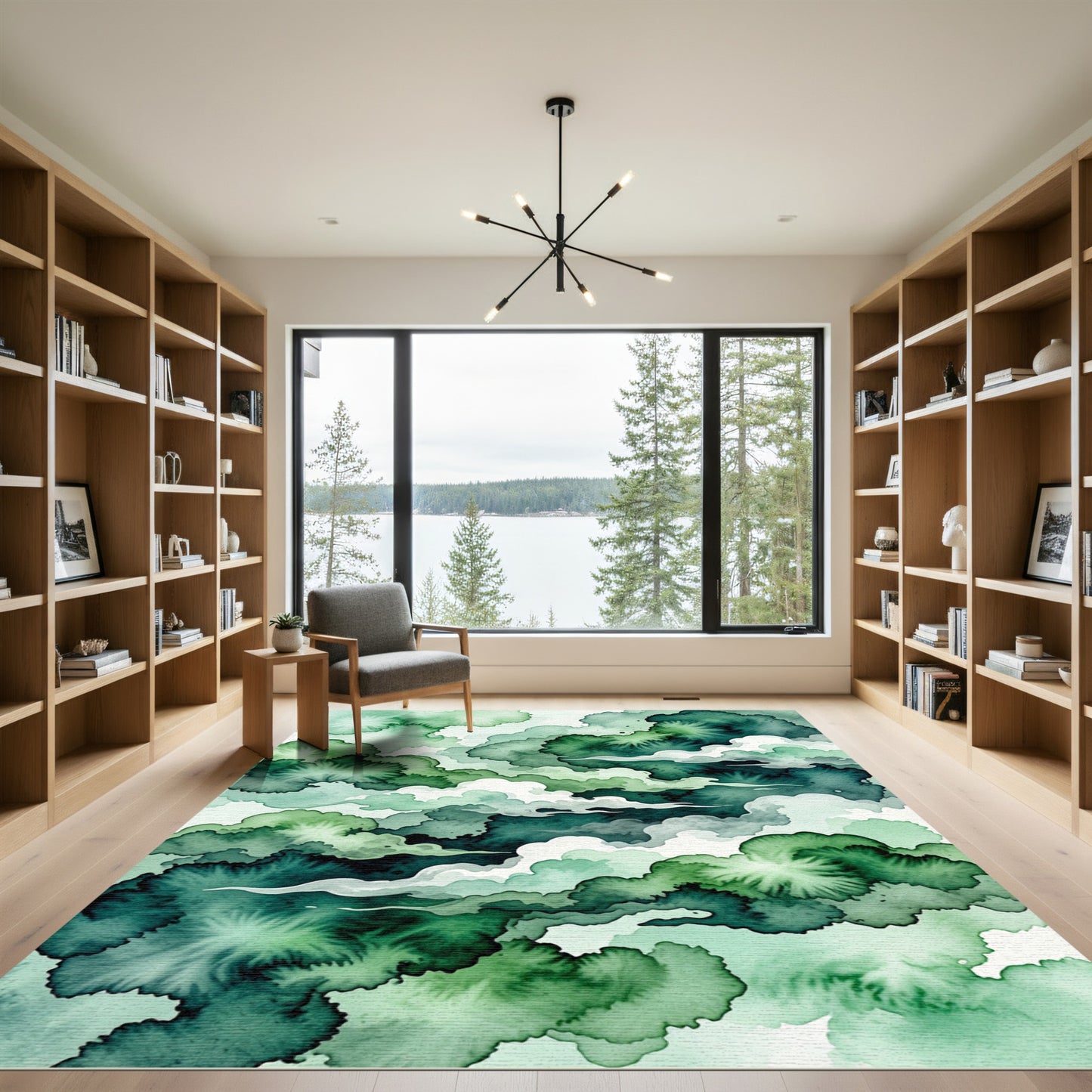 Deep Emerald Forest Watercolor Clouds Rug