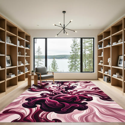 Crimson Ink Swirl Feather Abstraction Rug