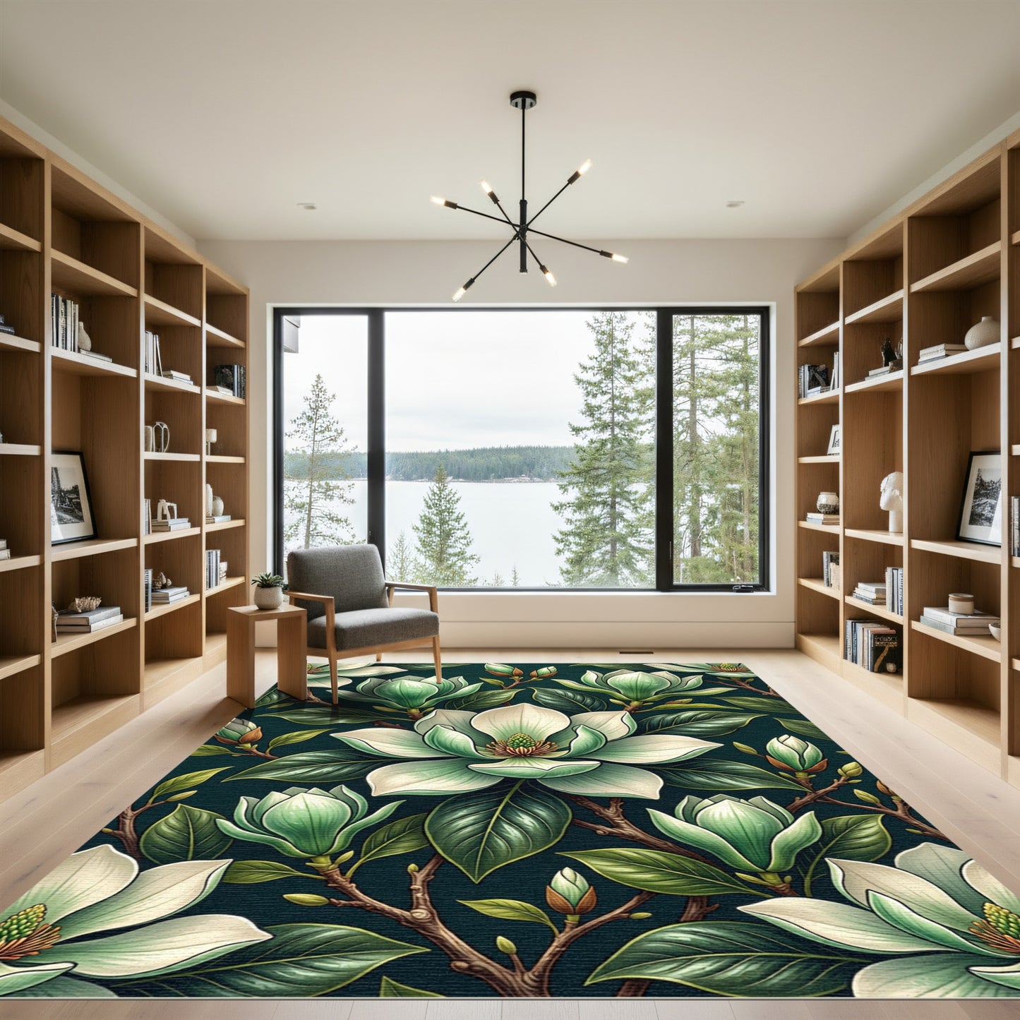 Elegant Cream Magnolia Botanical Art Rug