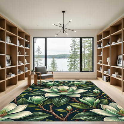 Elegant Cream Magnolia Botanical Art Rug