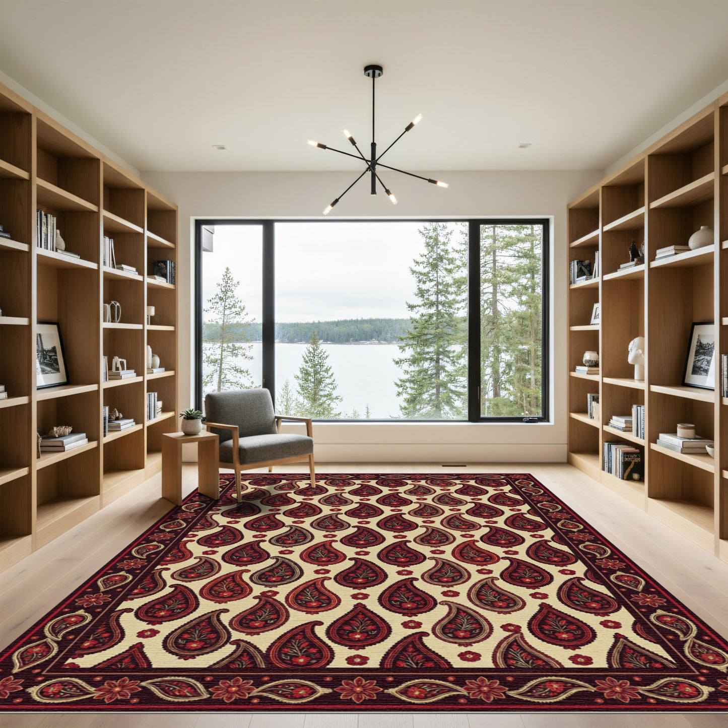 Dark Red Paisley Floral Medallion Border Rug