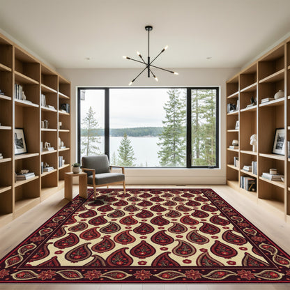 Dark Red Paisley Floral Medallion Border Rug