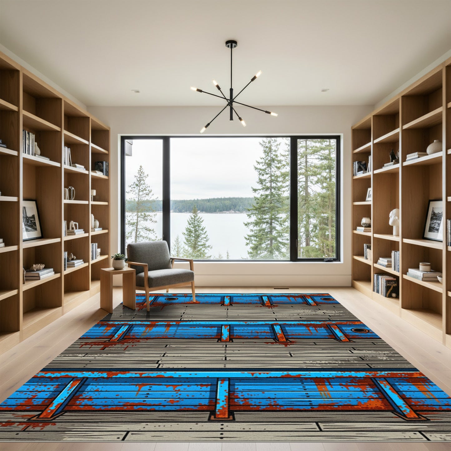 Ornate Blue Rusted Wood Dock Rug