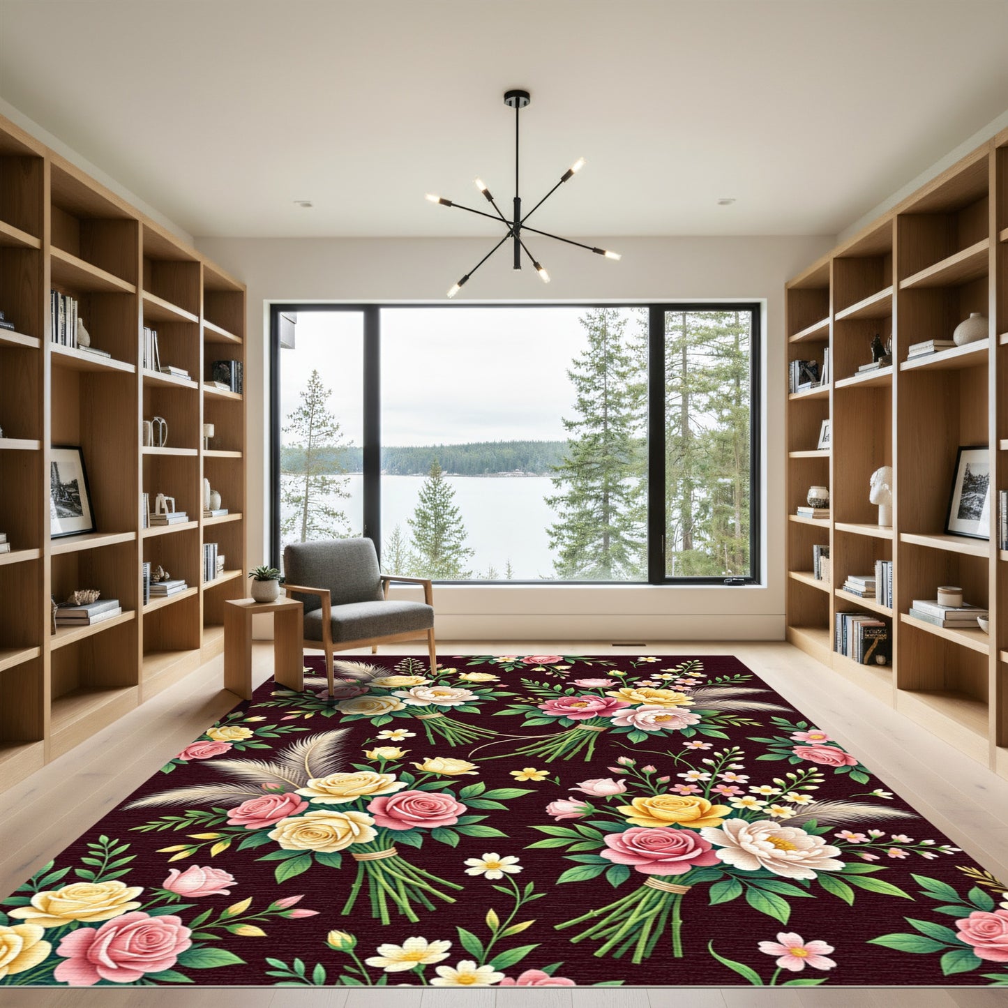 Romantic Floral Bouquet on Deep Plum Rug