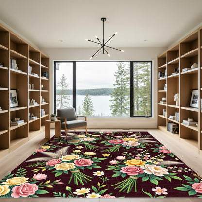 Romantic Floral Bouquet on Deep Plum Rug