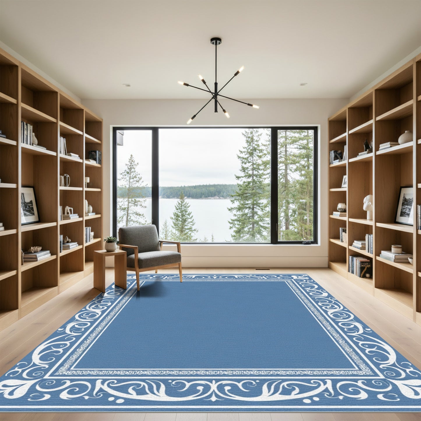 Blue White Scrollwork Celestial Border Rug