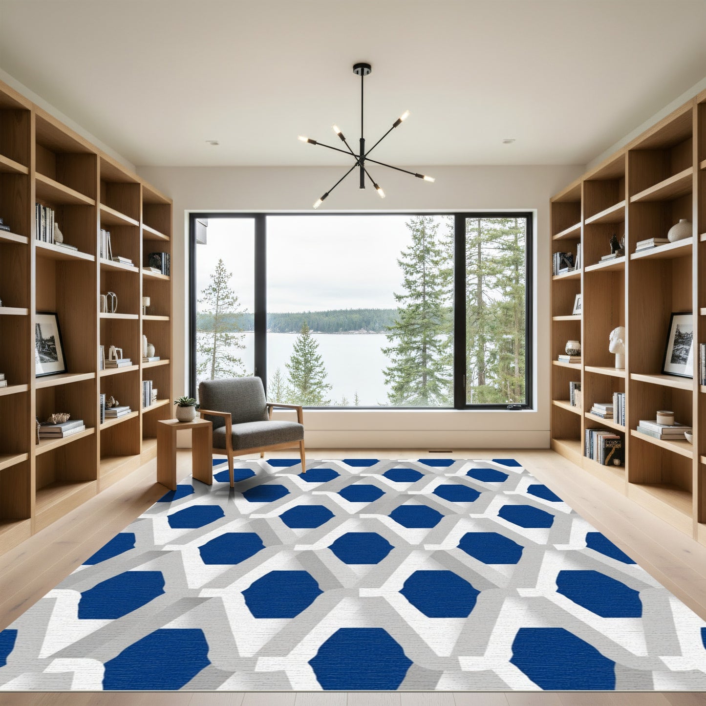 White Interlocking Hexagon Blue Rug