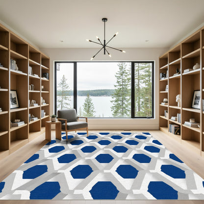 White Interlocking Hexagon Blue Rug