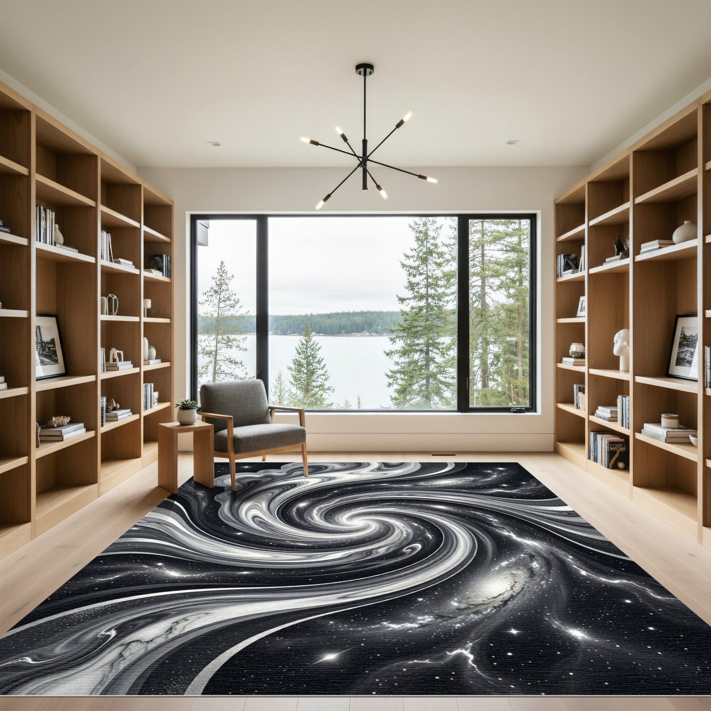 Black White Swirling Galaxy Rug