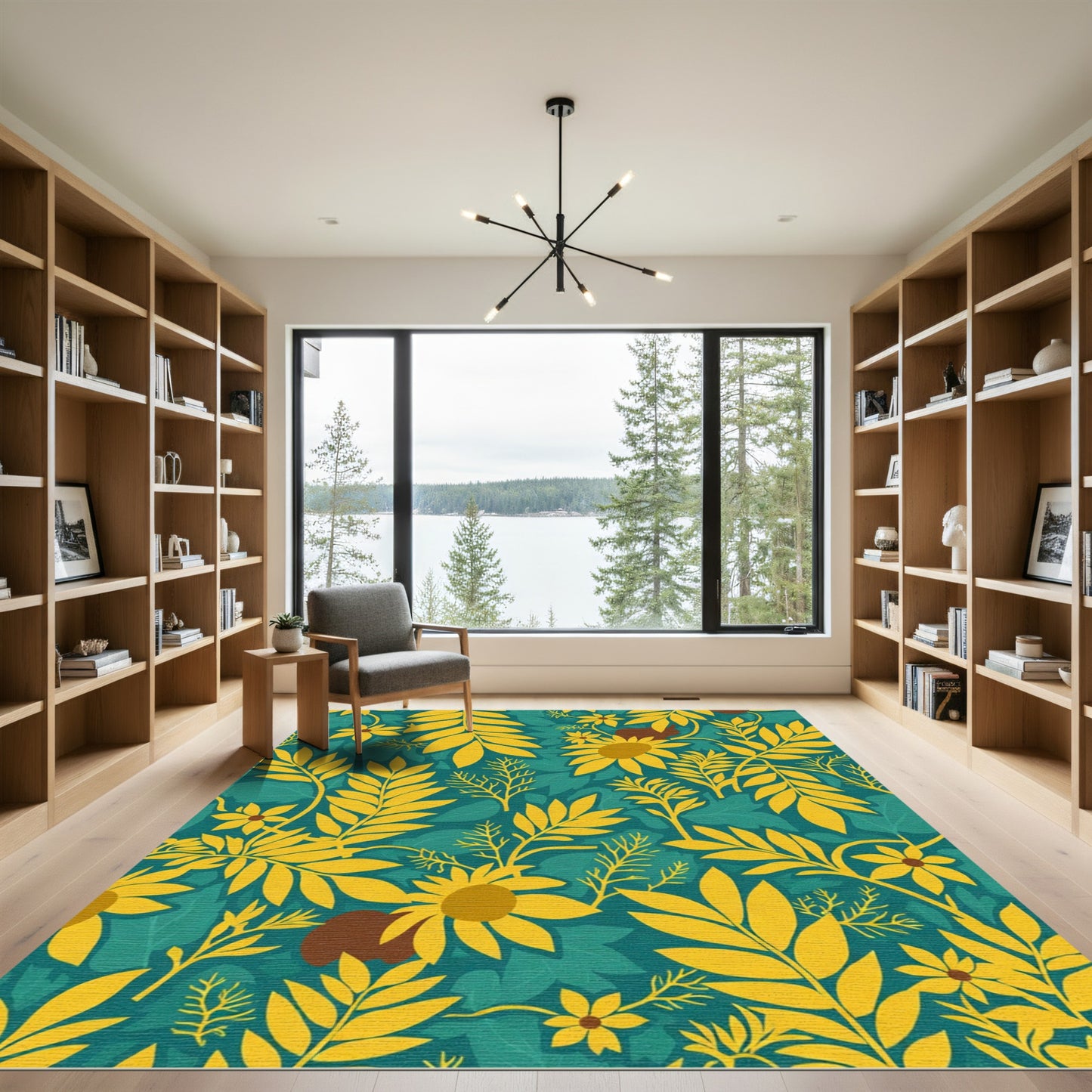 Golden Sunflower Teal Leaf Pattern Rug