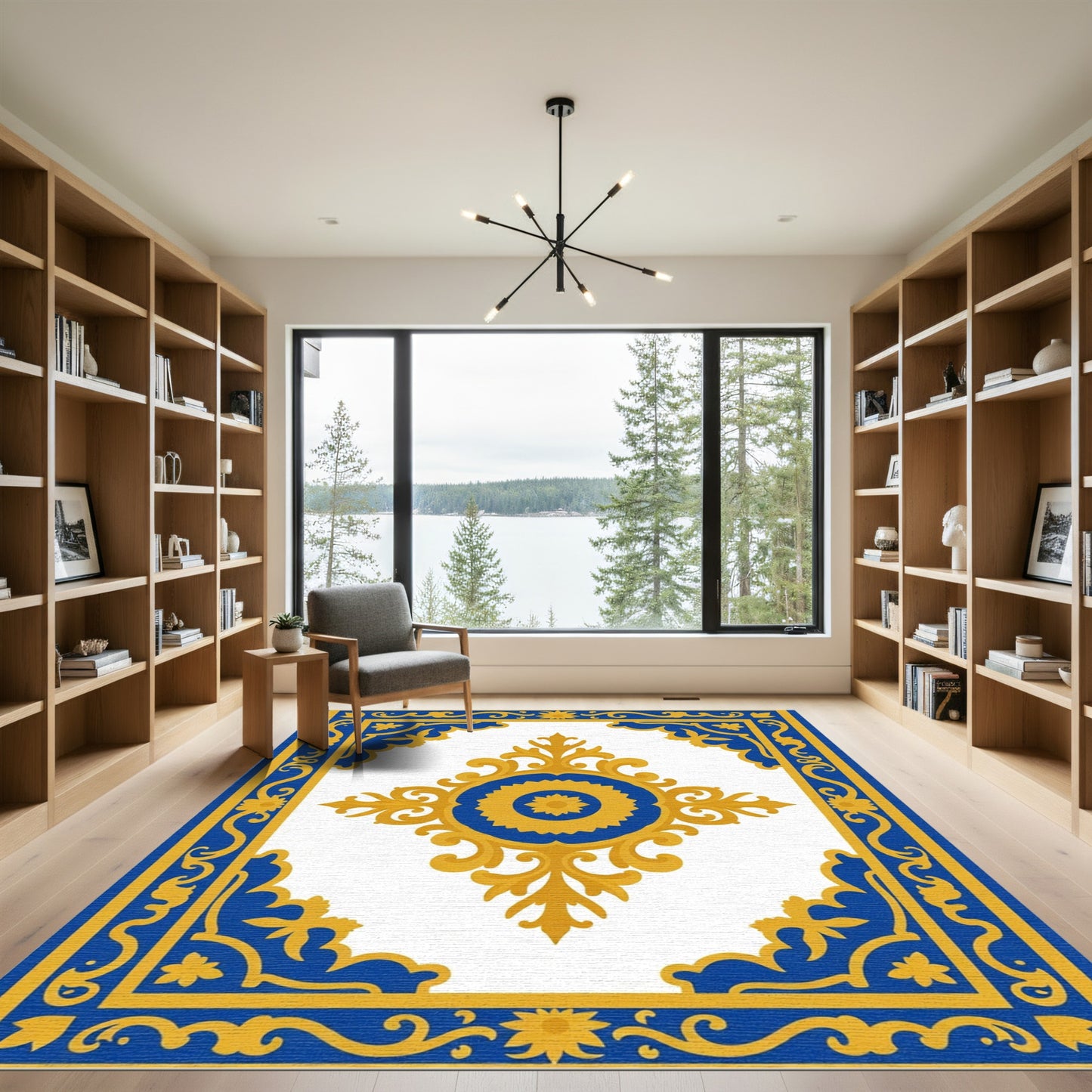 Golden Blue Floral Medallion Border Rug