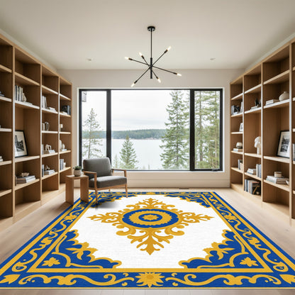Golden Blue Floral Medallion Border Rug