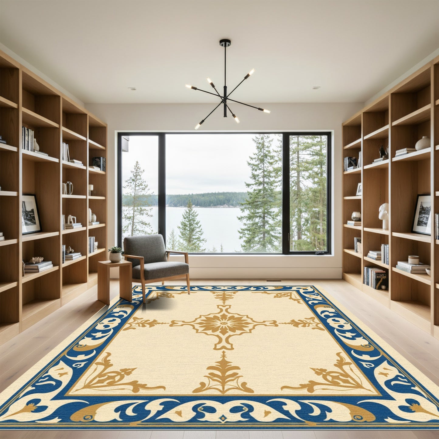Golden Medallion Blue Bordered Rug