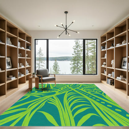 Teal Lime Abstract Leafy Swirl Rug