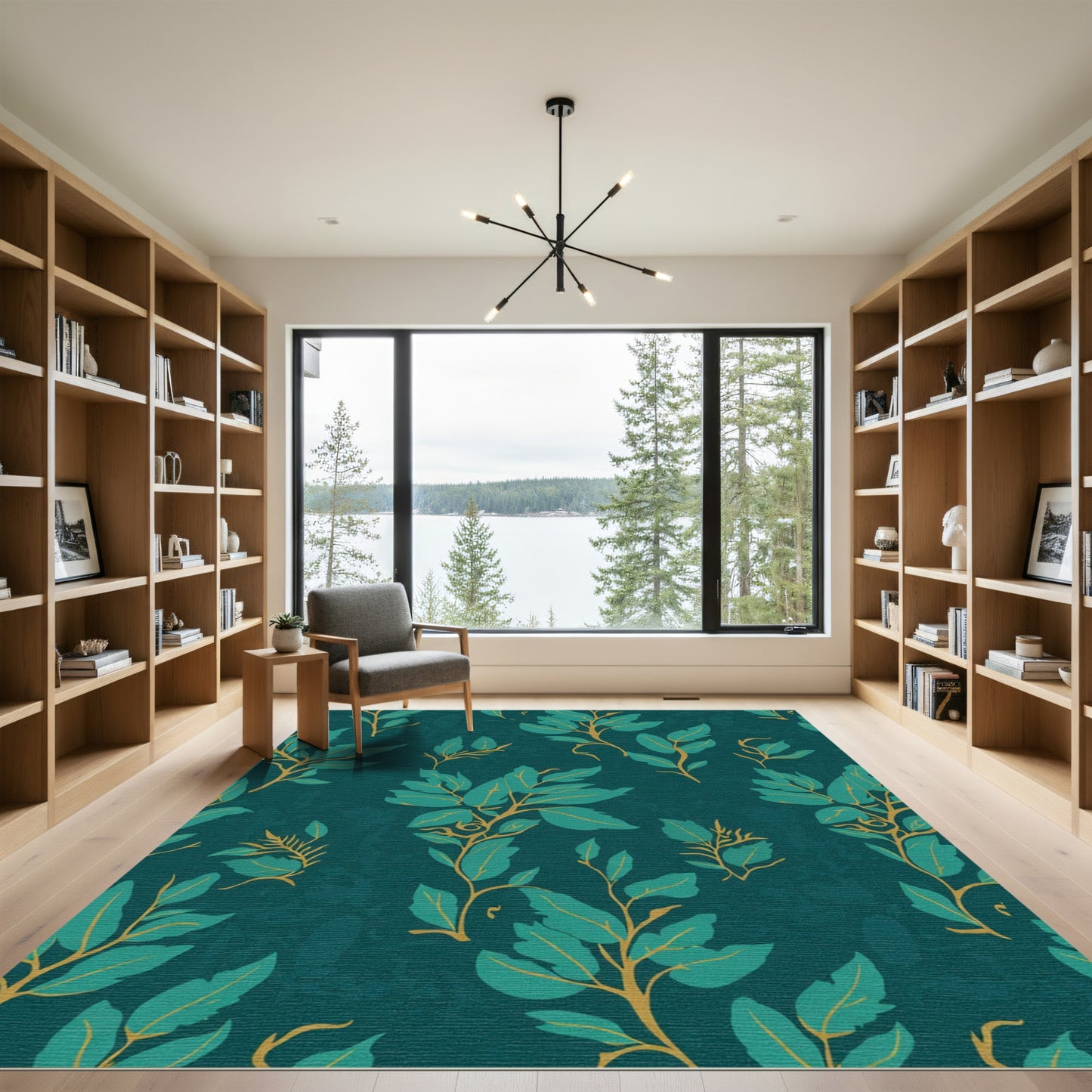 Teal And Gold Botanical Branch Rug
