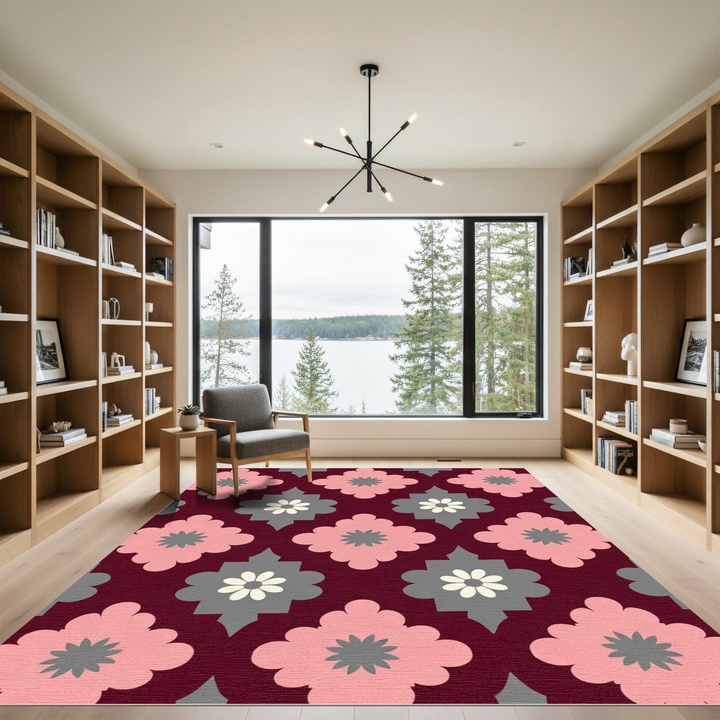 Pink Gray Quatrefoil Floral Pattern Rug