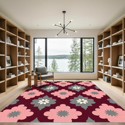 Pink Gray Quatrefoil Floral Pattern Rug