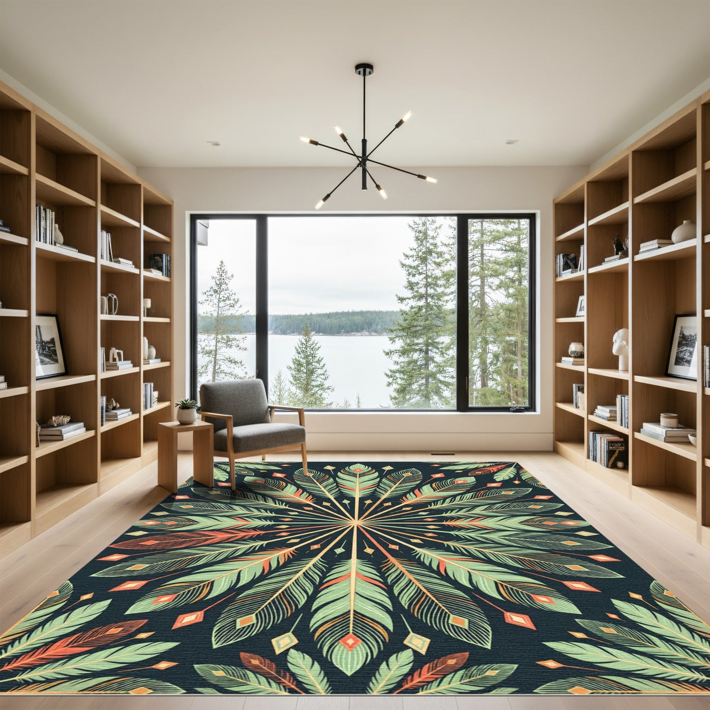 Sage Feather Mandala Symmetry Art Rug