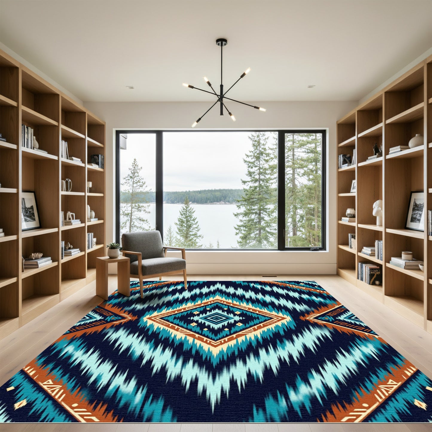 Teal Blue Geometric Ikat Diamond Rug