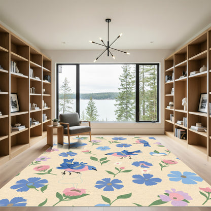 Whimsical Blue Bird Garden Medley Rug